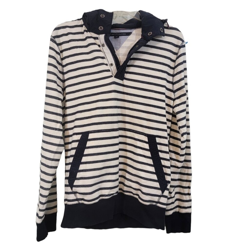 Tommy Hilfiger Hooded Sweatshirt White‎ Blue American Nylon Hood Sz S